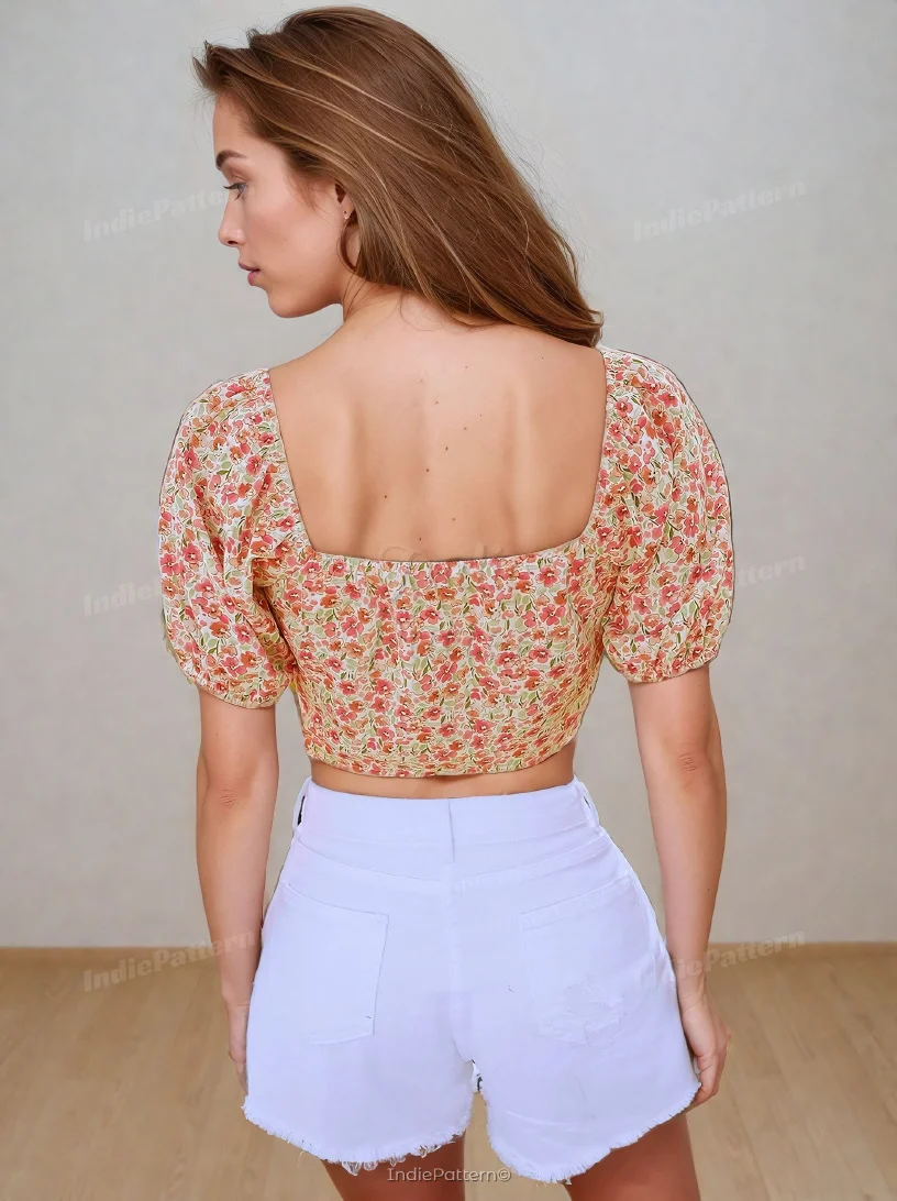 Puff Sleeve Blouse PDF sewing pattern: puff-sleeve crop blouse, back view
