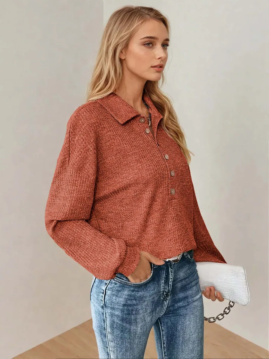 Rosie Sweater PDF sewing pattern: waffle knit polo sweater, view 3 of 3