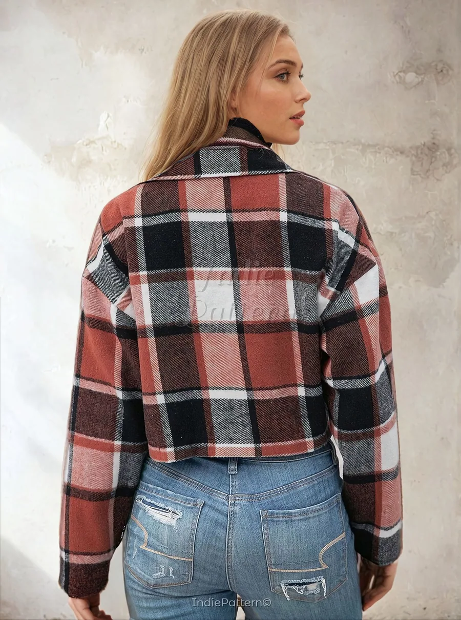 Short Jacket PDF sewing pattern: cropped plaid overshirt, back view