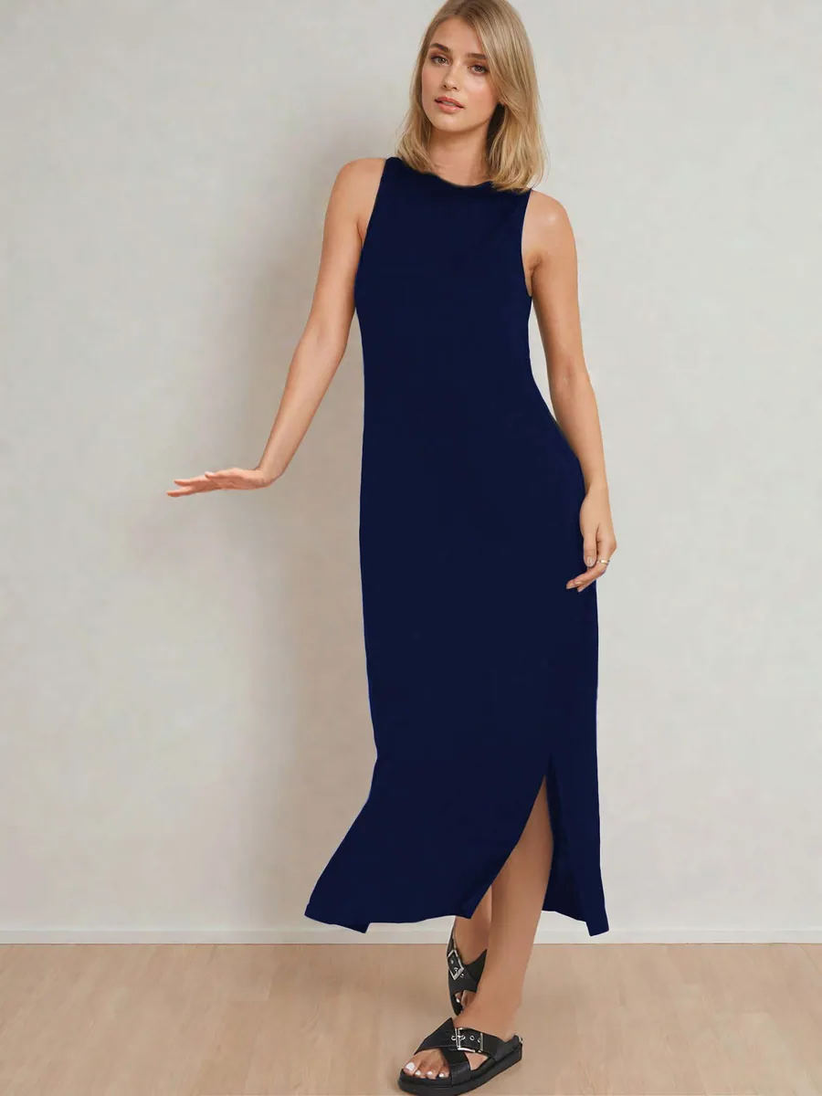 Slit Dress PDF sewing pattern: high-neck column dress, back view
