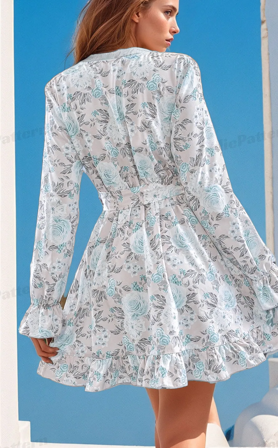 Spring Dress PDF sewing pattern: ruffle-hem wrap mini, back view