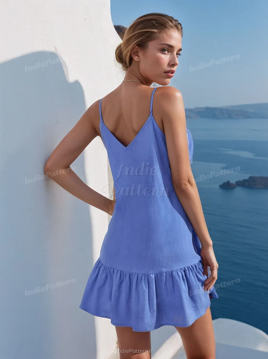 Strappy Dress PDF sewing pattern: flounced a-line mini, back view