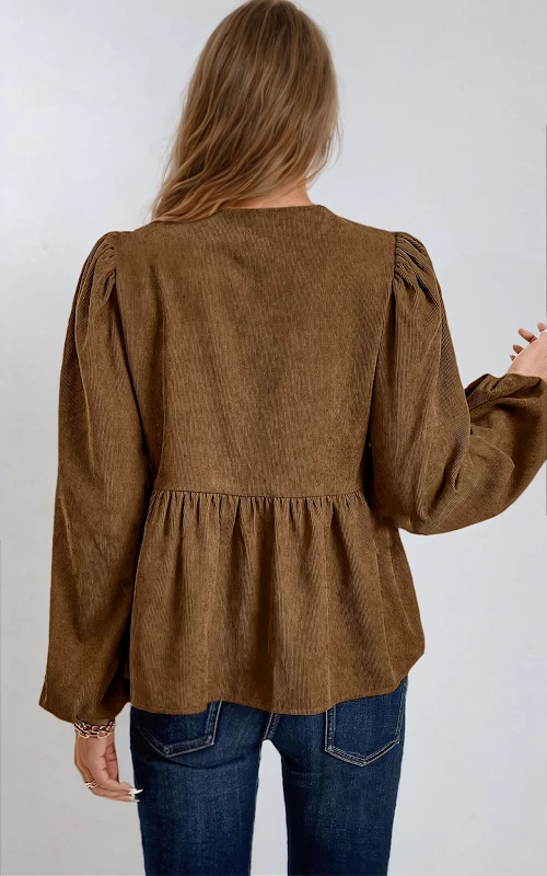Tie Blouse PDF sewing pattern: tie-front corduroy peplum blouse, back view