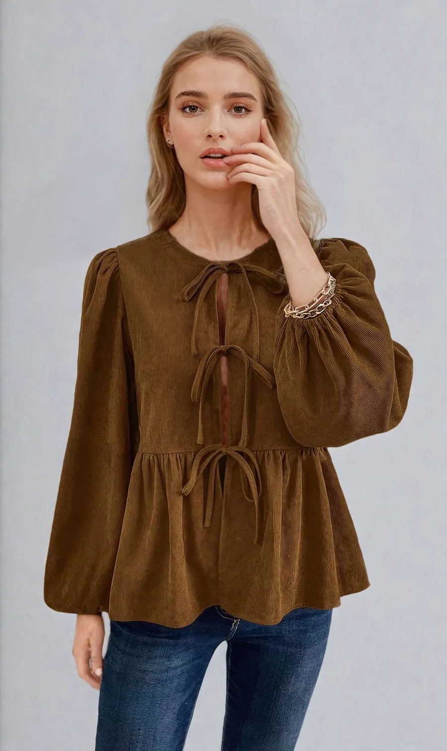 Tie Blouse PDF sewing pattern: tie-front corduroy peplum blouse, view 3 of 3
