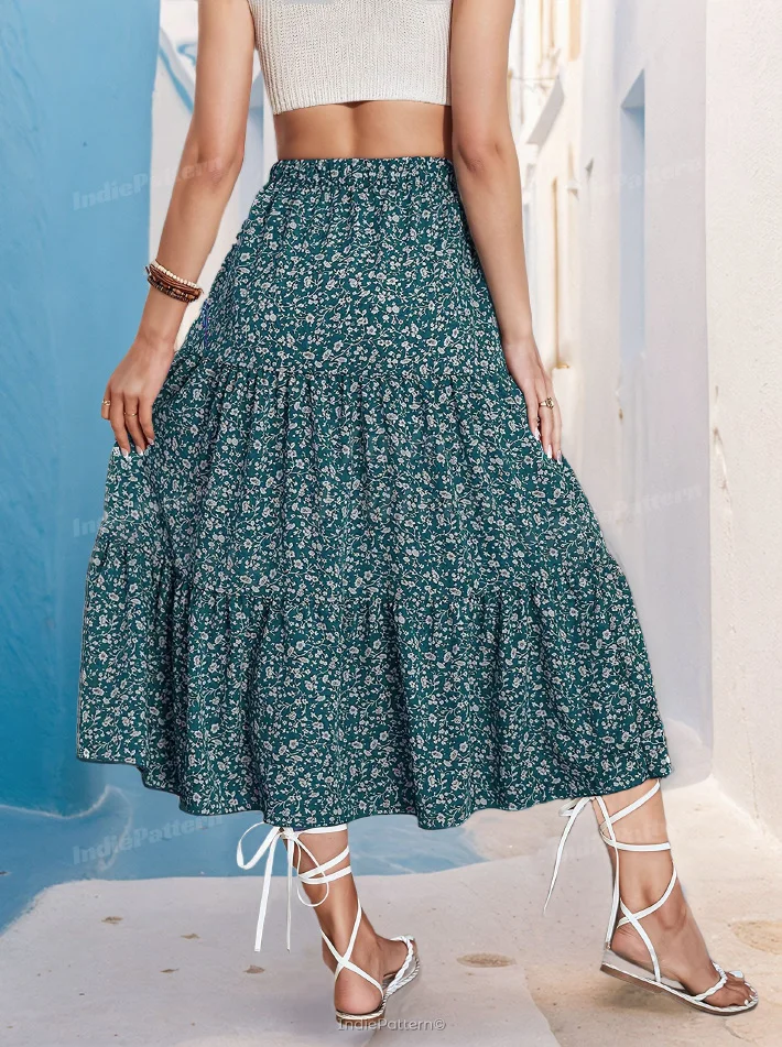 Tiered Skirt PDF sewing pattern: shirred tiered midi skirt, back view