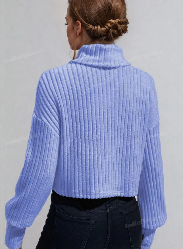Turtleneck Sweater PDF sewing pattern: cropped ribbed turtleneck, back view