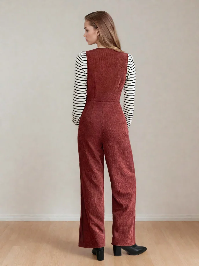 V-Neck Jumpsuit PDF sewing pattern: button-front corduroy jumpsuit, back view