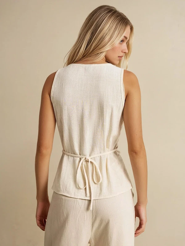 Vienna Vest PDF sewing pattern: buttoned linen waistcoat top, back view
