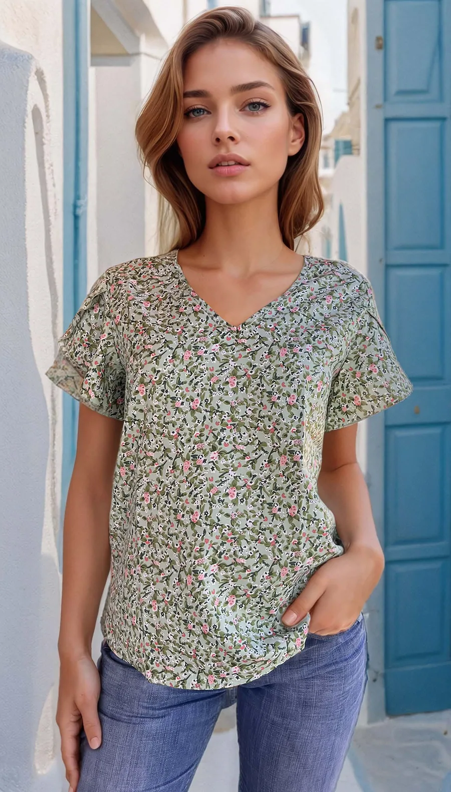 VNeck Blouse PDF sewing pattern: flutter-sleeve v blouse, back view