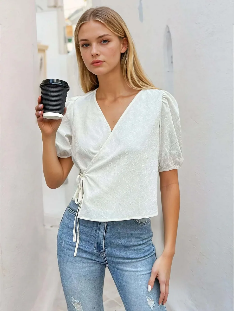Wrap Top PDF sewing pattern: wrap-front puff sleeve top, view 3 of 3
