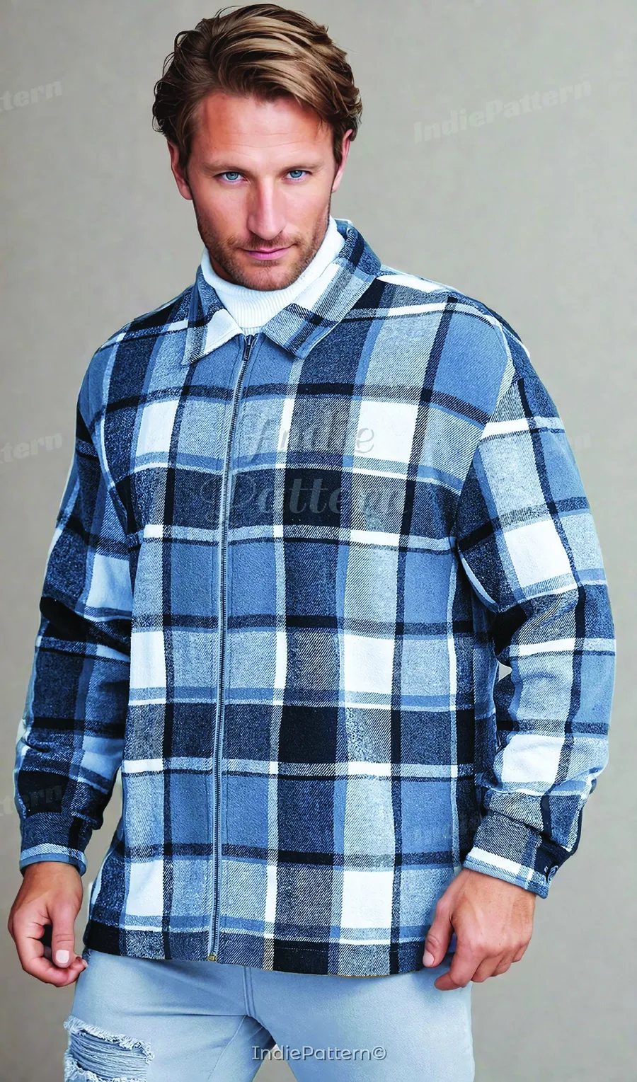Zip Jacket PDF sewing pattern: plaid zip overshirt, view 3 of 3